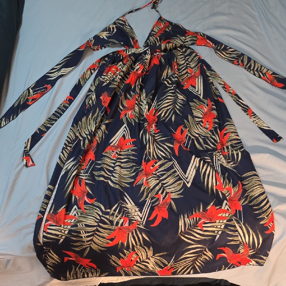 Shein Tropical Print Halter Maxi Dress